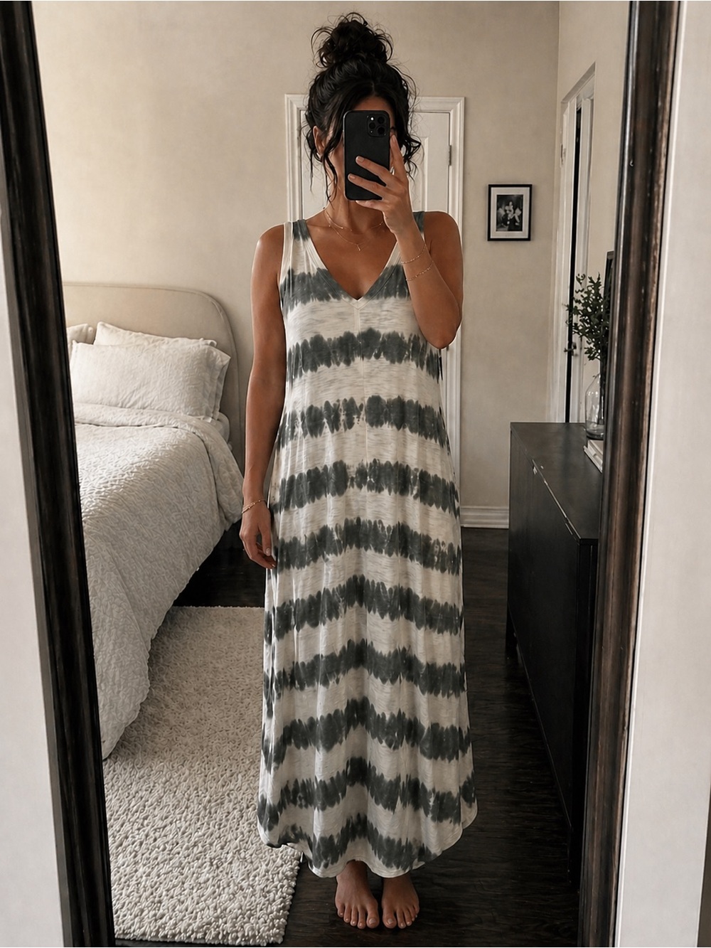 GAP Sleeveless V-Neck Tie-Dye Maxi Dress in Olive Green and White